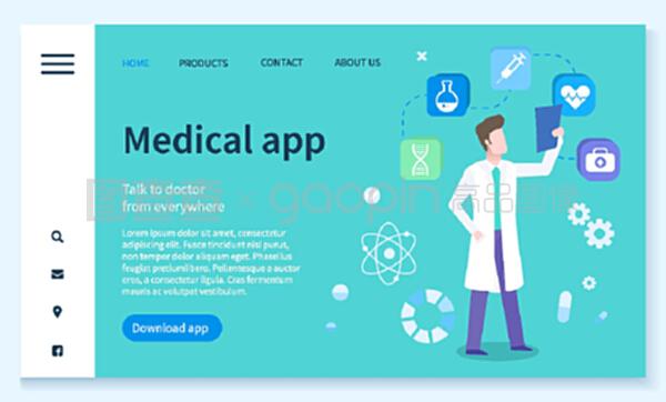 医疗应用网站登陆页面模板矢量。医疗产业创新技术,医药图标,诊断和治疗。急救或在线医疗帮助,医药应用说明。医疗产业技术,医疗应用